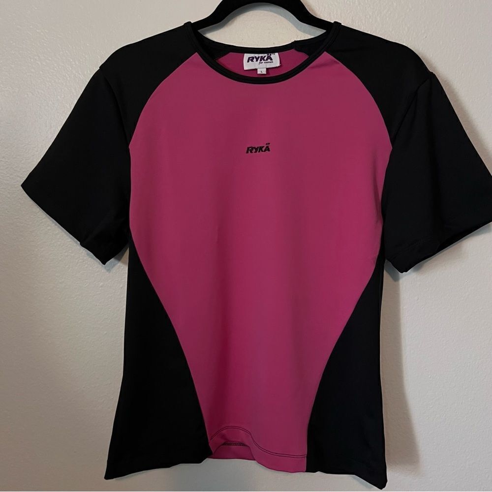 Ryka top women's size large activewear pink & black crew neck short sleeves